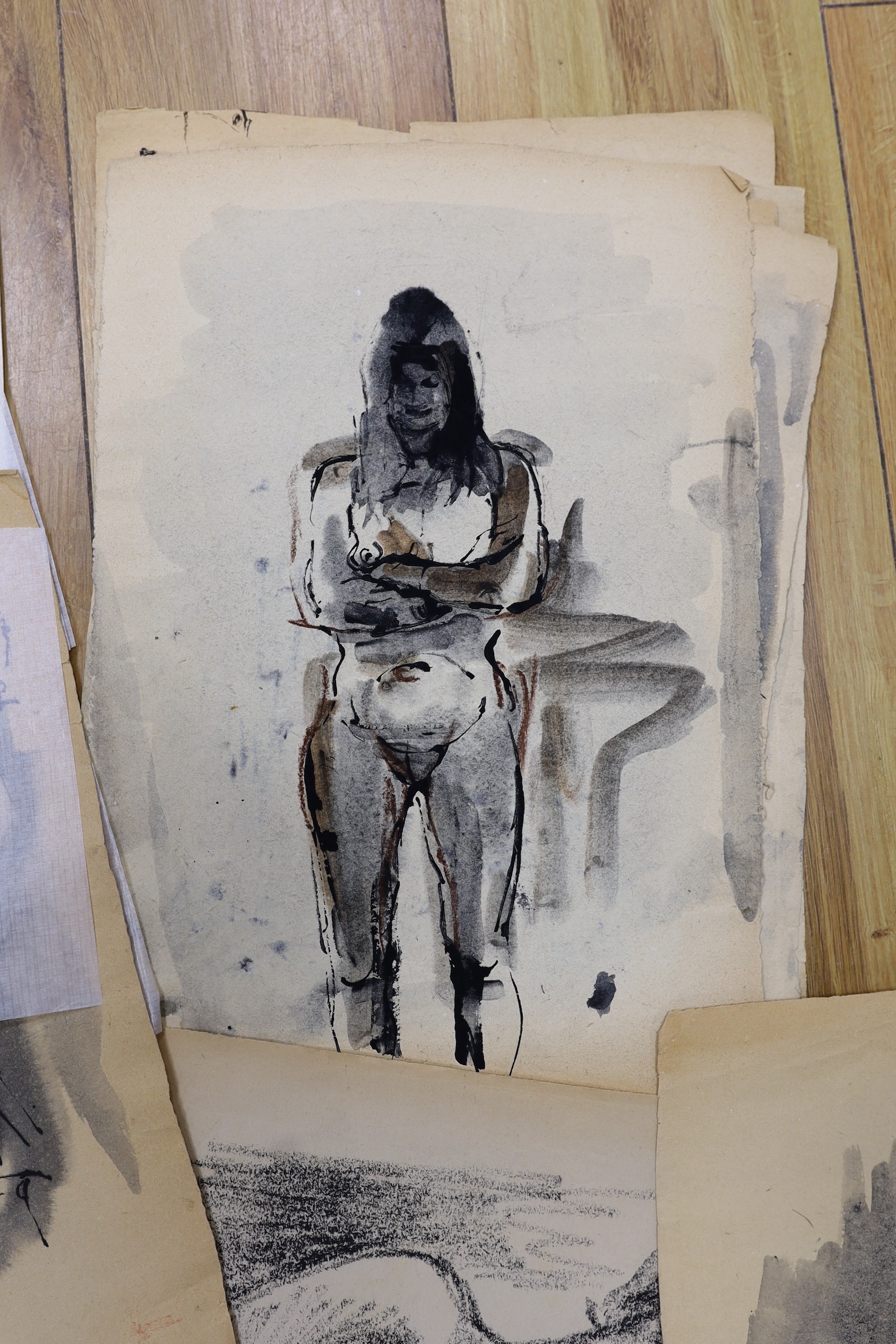 H.H. Sayce (1918-2001), a small group of ink and wash studies, mostly female nudes, signed, largest 38 x 28cm, unframed